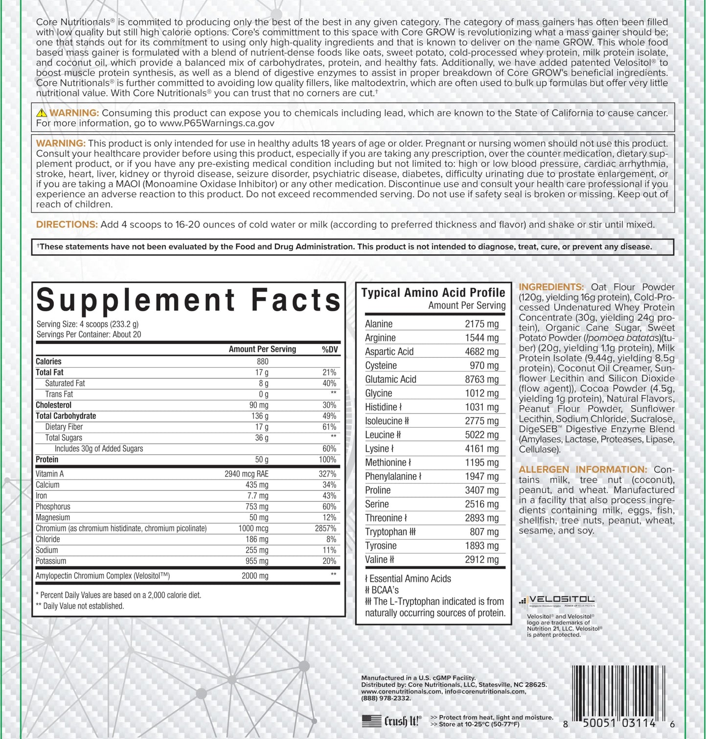 Core Nutritionals Grow Whole Food Based Mass Gainer, 50G Protein, 880 Calories, 10 lbs (Chocolate Peanut Butter)