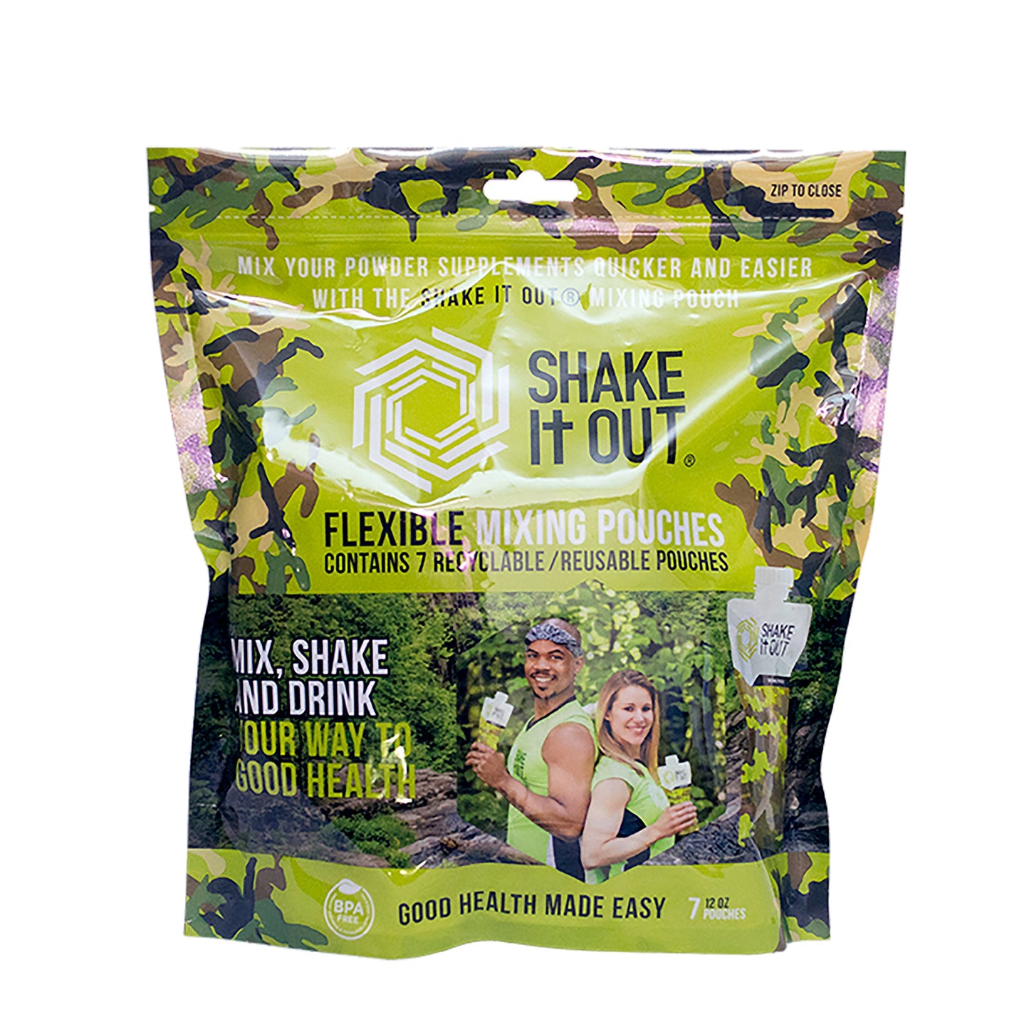 Shake It Out® is the on-the-go beverage container, better mixing, better tasting experience, disposable/recyclable. Compact, flexible design completely dissolves powder Supplements. (Camo, 7 Pack)