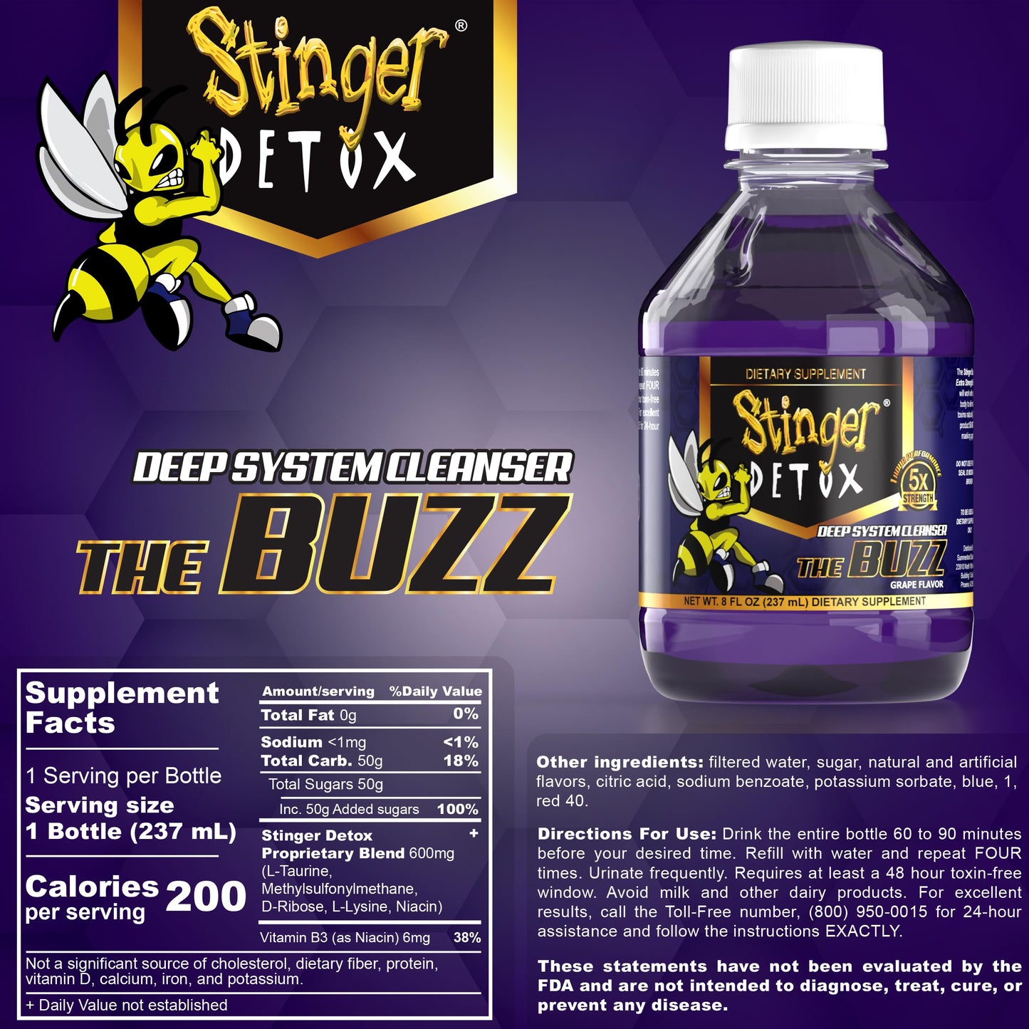 Stinger Detox Buzz 5X Extra Strength Drink - Grape Flavor - 8 FL OZ - 2 Pack