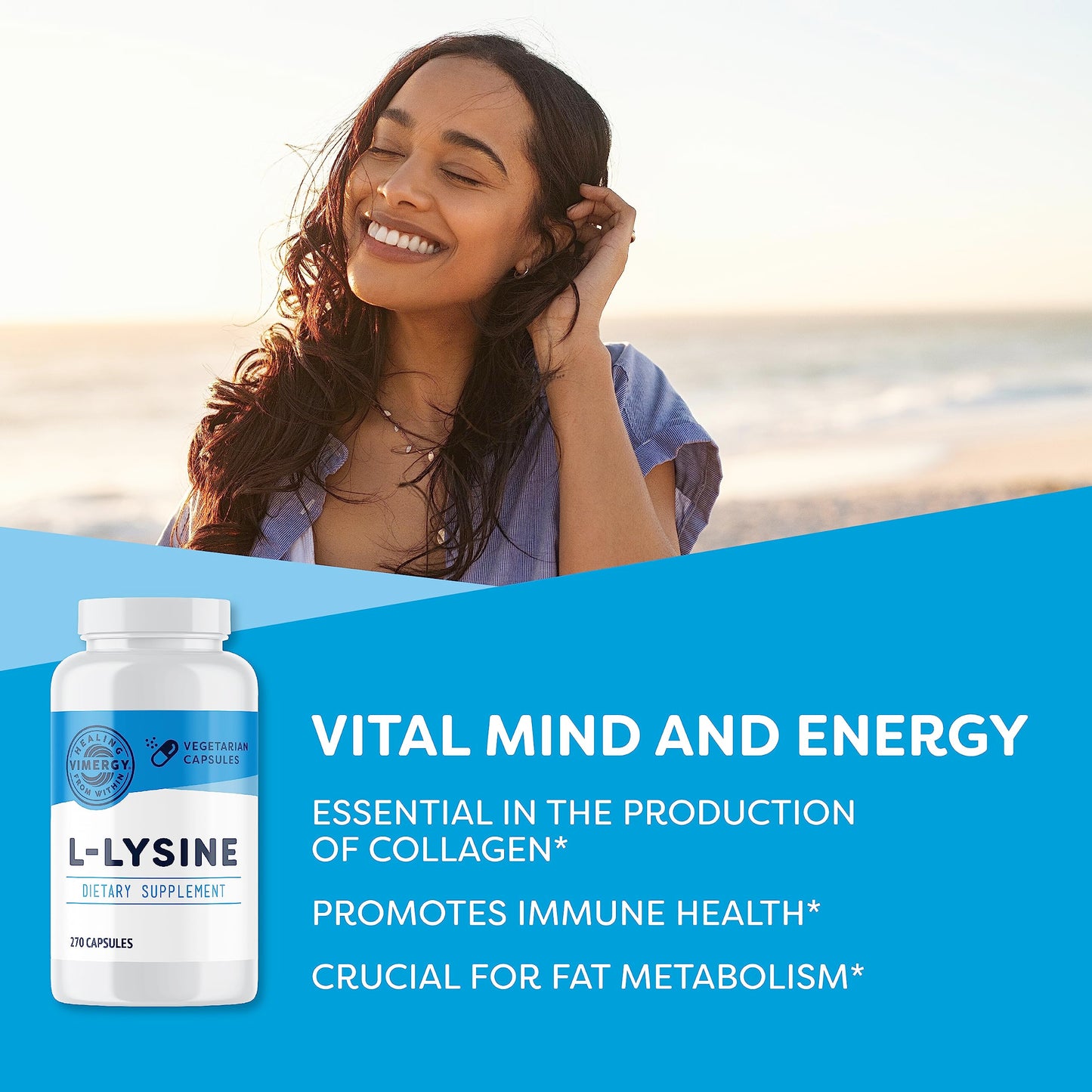 Vimergy L-Lysine - Promotes Healthy Skin, Hair, Nails & Joints* - Supports Healthy Metabolism* - Vegan, Non-GMO & Gluten-Free - 270 Capsules