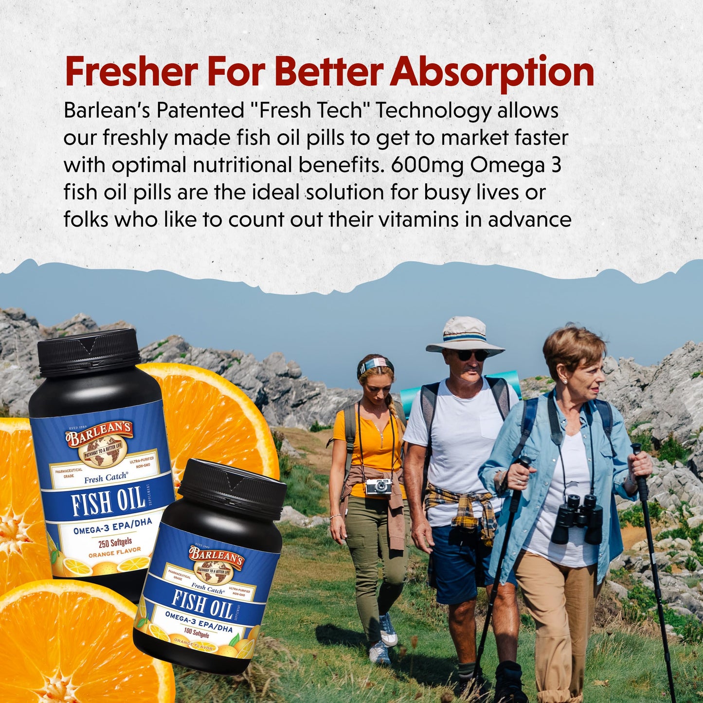 Barlean's Fish Oil Omega 3 Supplement, EPA and DHA Fatty Acid Softgels, 1000mg Orange Flavored Fish Oil Pills, 100 Count
