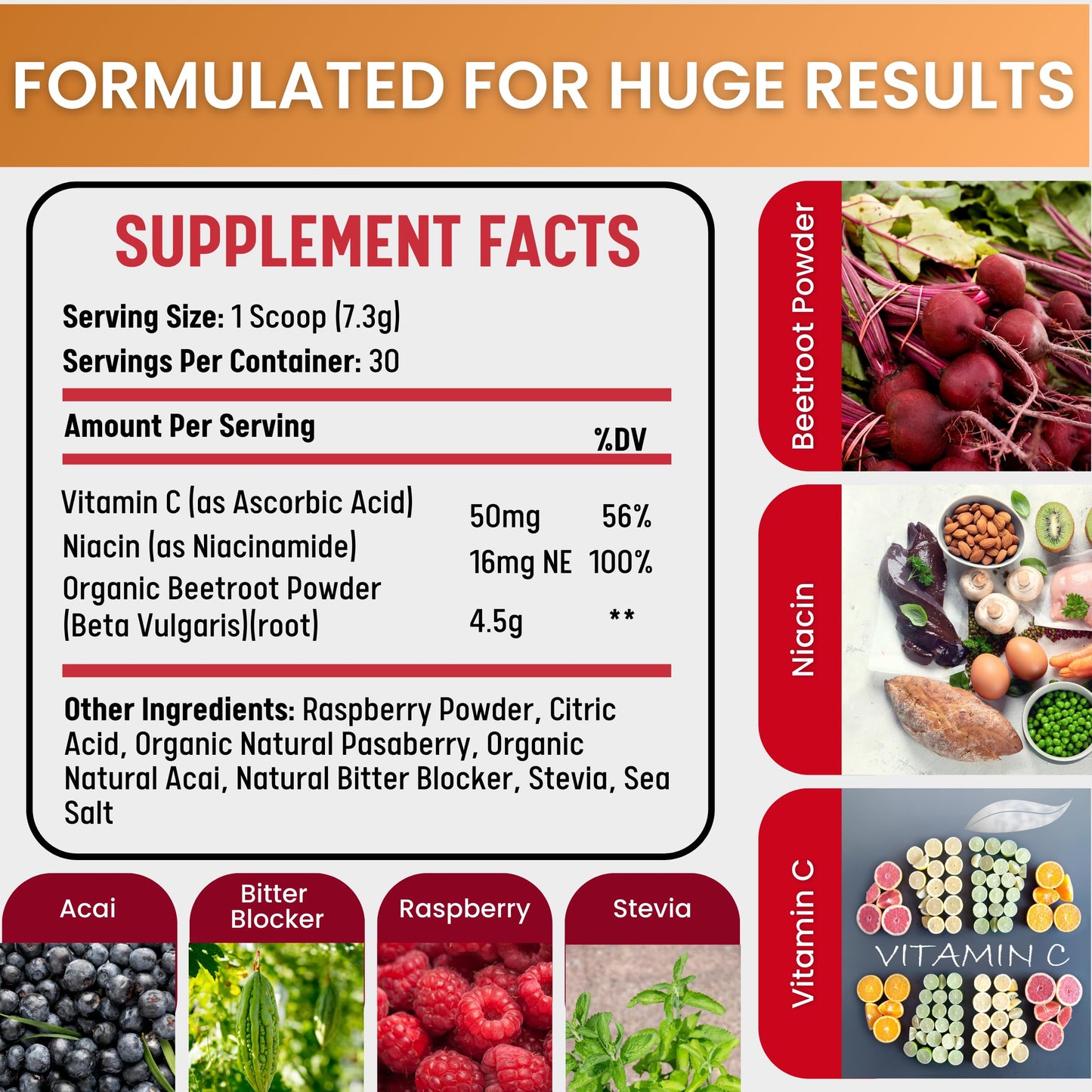 healblend Organic Beet Root Powder with Raspberry Powder, Organic Natural Acai, Vitamin C, Niacin, Berry Flavored, 30 Day Supply