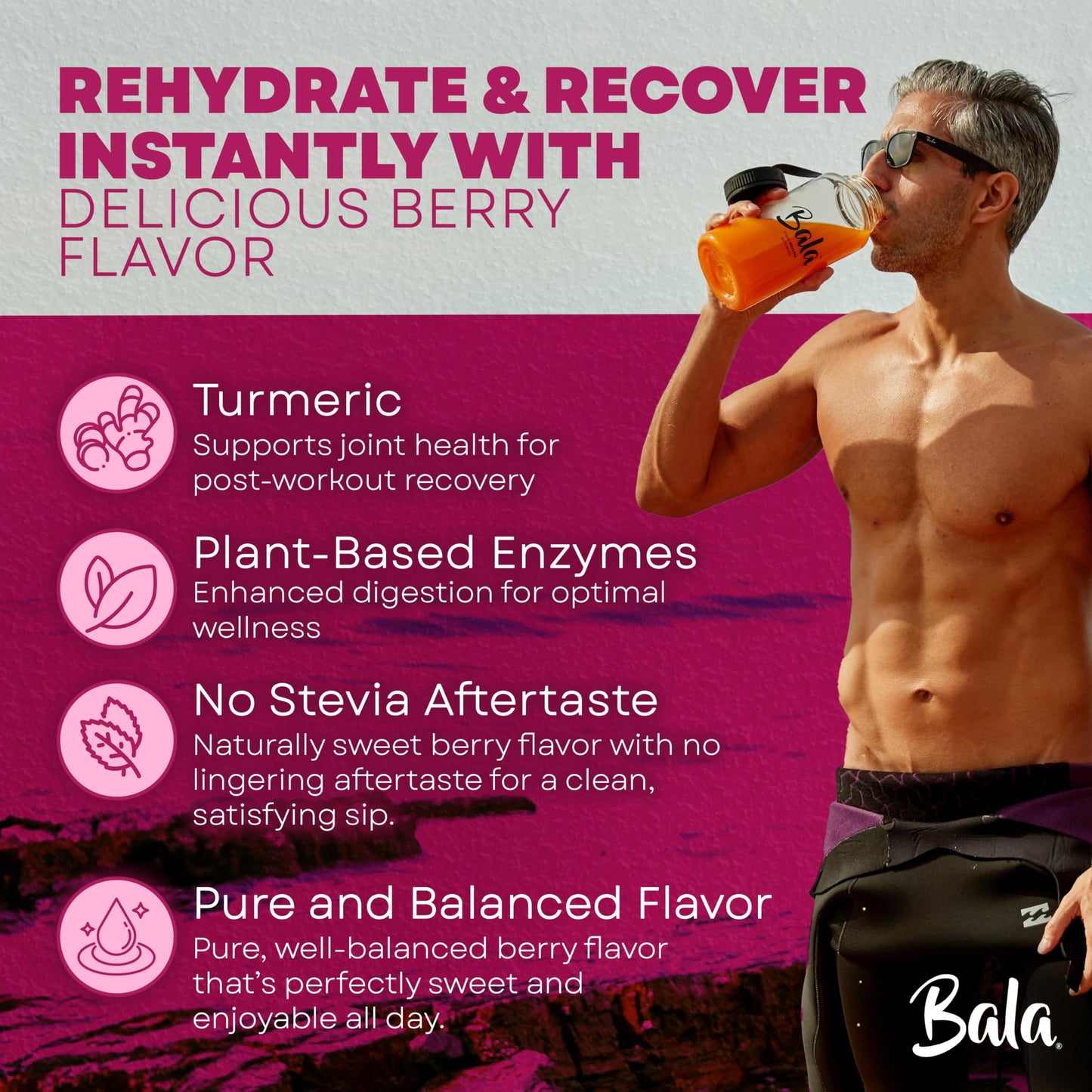 BALA Enzyme Hydration & Sugar-Free Electrolyte Drink Mix Powder - Turmeric, Bromelain, Papain - Recovery, Immunity, Mobility - Berry 0.25oz (8 Count)