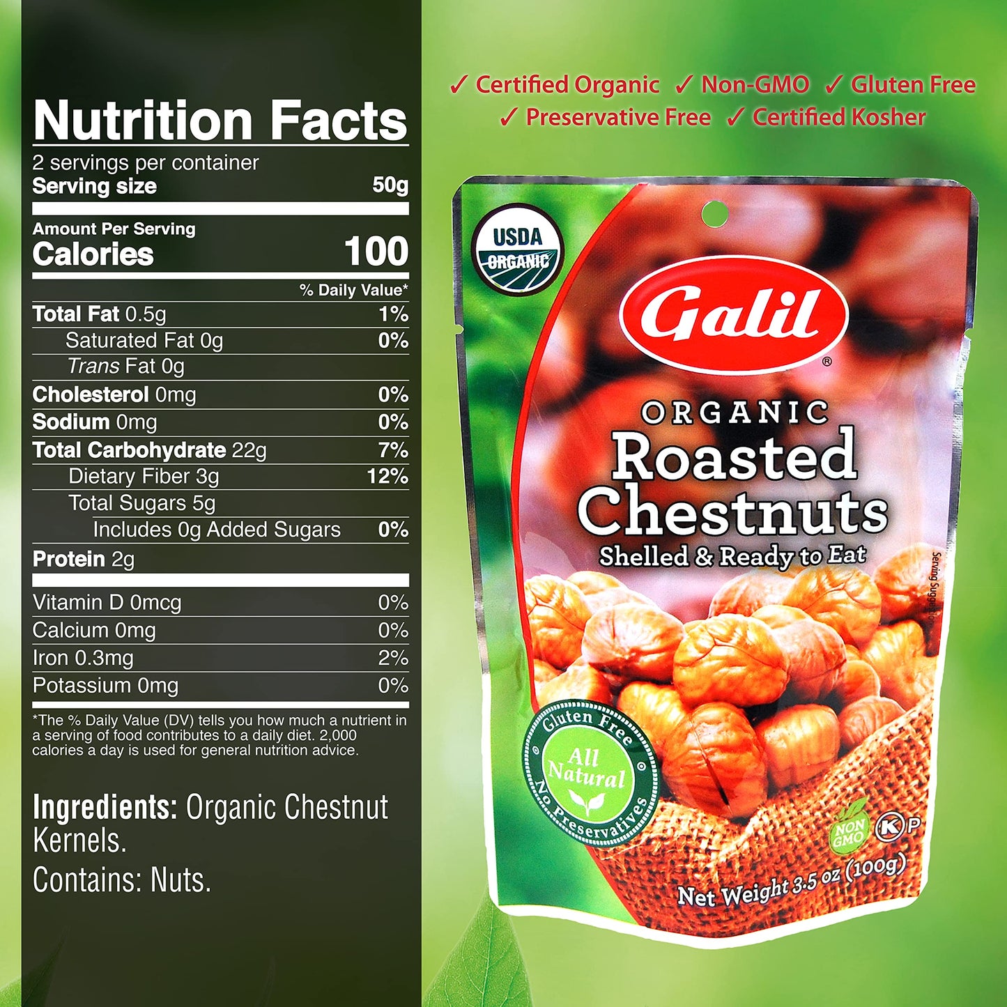 Galil Organic Roasted Chestnuts Pack of 4  Shelled  Ready to Eat  Gluten Free Vegan Organic NonGMO Kosher Snacks  Great for Baking Cooking  Turkey Stuffing 35oz Bags