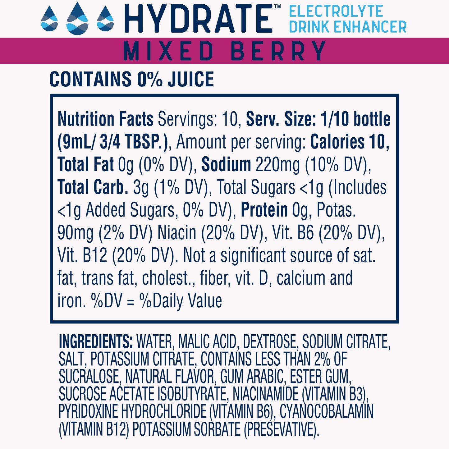 Hydrate Electrolyte Liquid Drink Enhancer Drops, Low Sugar, Low Calorie, Natural Flavor Hydration Mix with Essential Vitamins B3 B6 B12 (Mixed Berry (2 Pack))