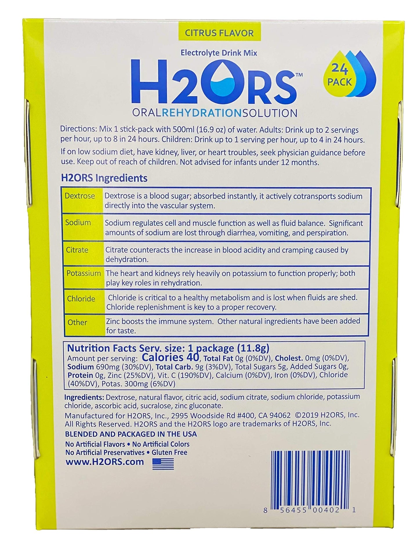 H2ORS Electrolyte Drink Powder: Citrus (24 Pack)