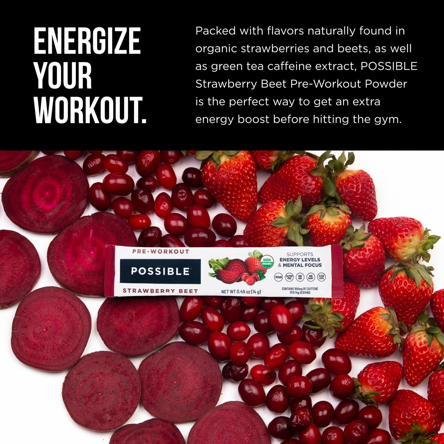 Possible Beet Pre-Workout - Strawberry Beet Flavor - Individually Wrapped Servings - Contains B-Vitamins and Green Tea Caffeine Extract - Source of Nitrates - 1 Bag, 20 Stick Packs