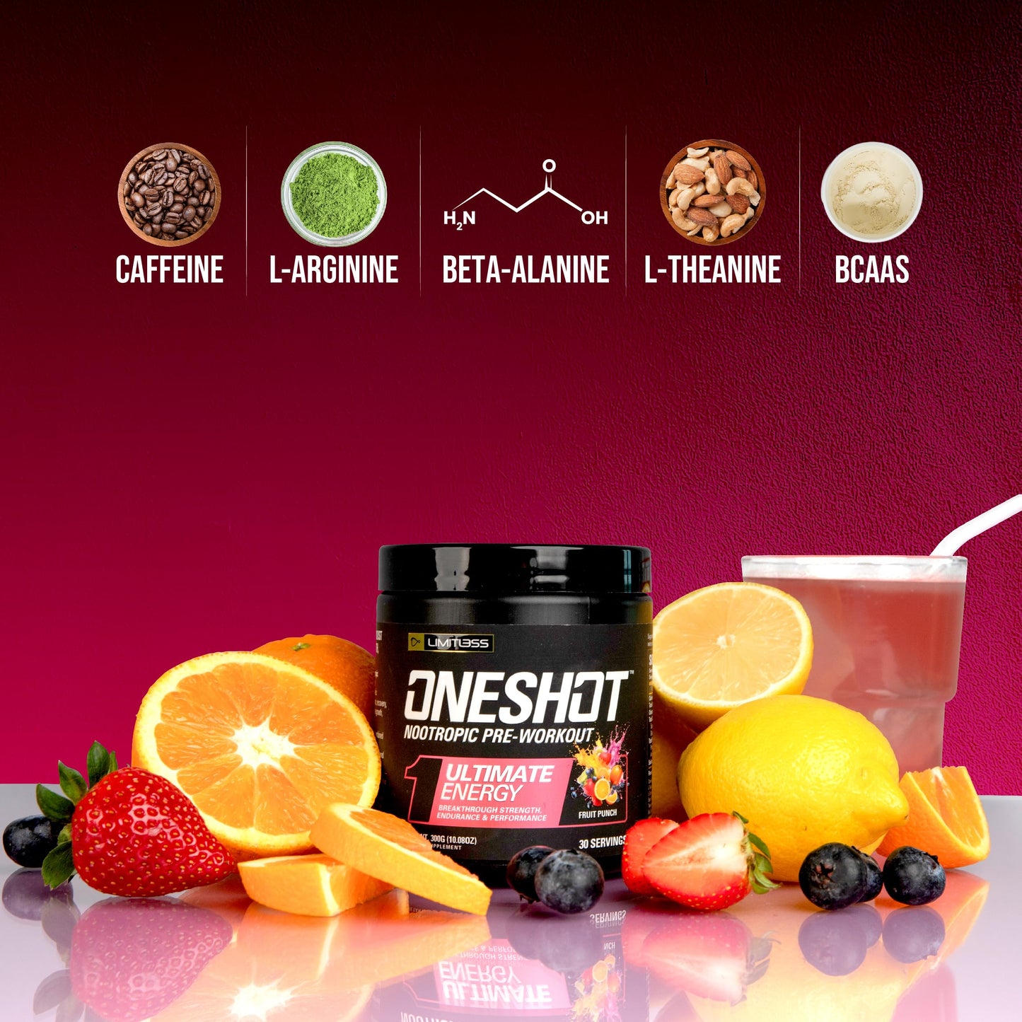 ONESHOT Pre Workout Powder for Men and Women - BCAAS Amino Acids Supplement Powder, 200mg Caffeine Powder, Beta Alanine Powder, Citrulline Malate Preworkout Powder - Fruit Punch - 30 Servings
