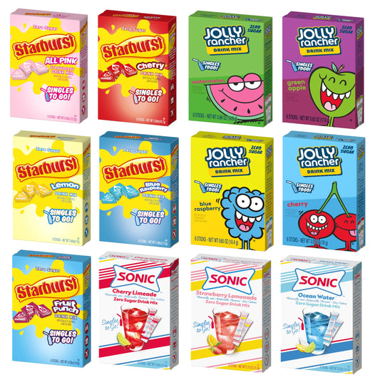 SINGLES TO GO Drink Mix Variety 12 Pack  3 Sonic Flavors 4 Jolly Flavors and 5 Starburst Flavors  Powdered Drink Mix  On the go Convenience