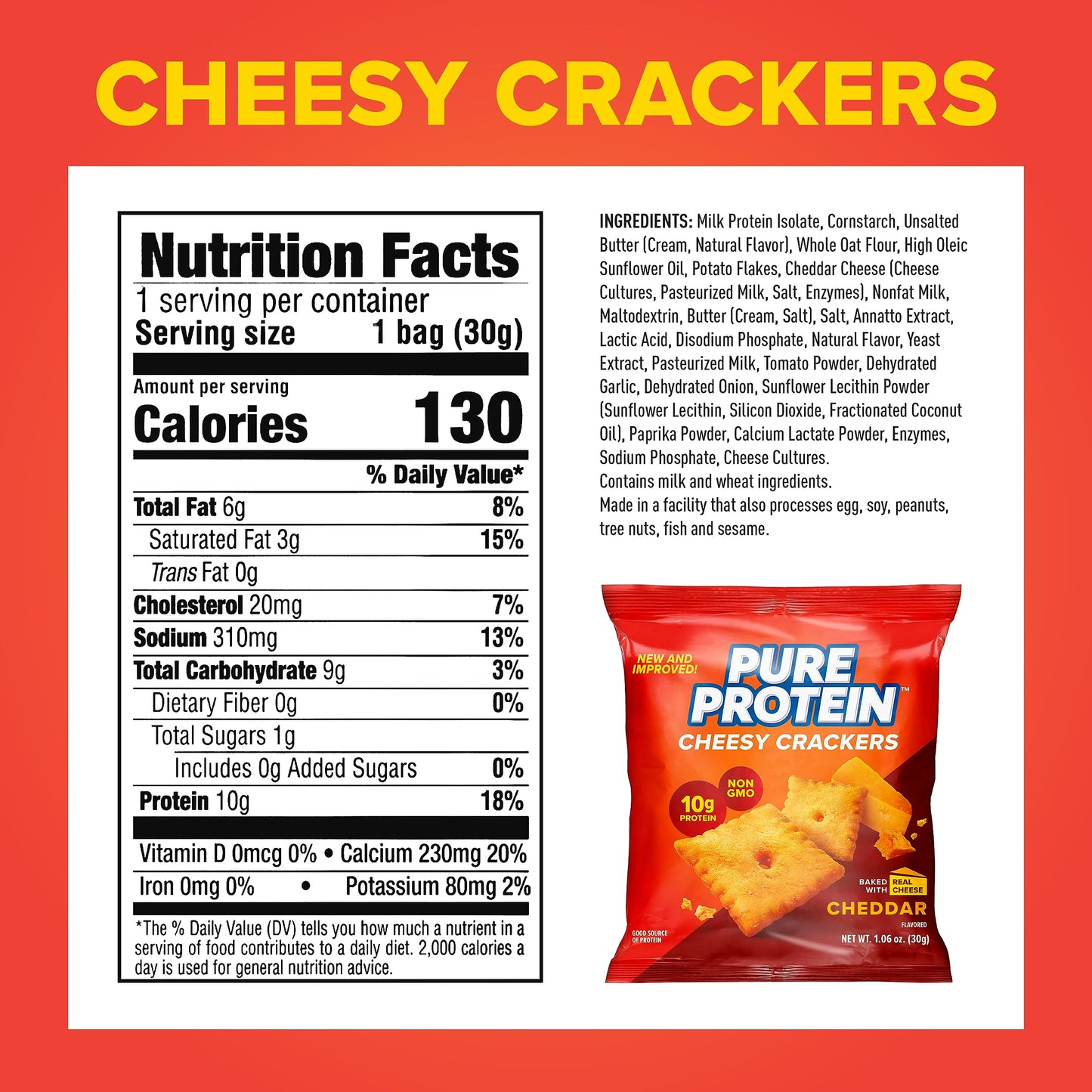 Pure Protein Cheesy Crackers, Cheddar, High Protein Snack, 10G Protein, 1.06 Oz (Pack of 12)