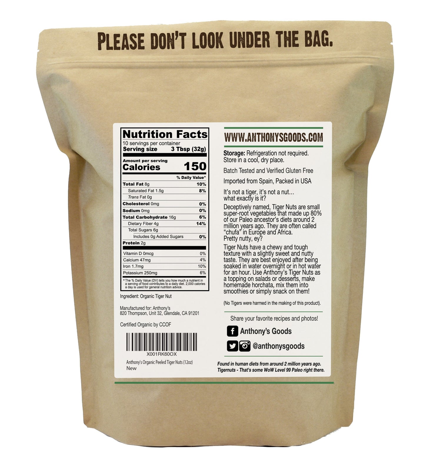 Anthonys Organic Peeled Tiger Nuts 12 oz Raw Gluten Free Non GMO Paleo Friendly