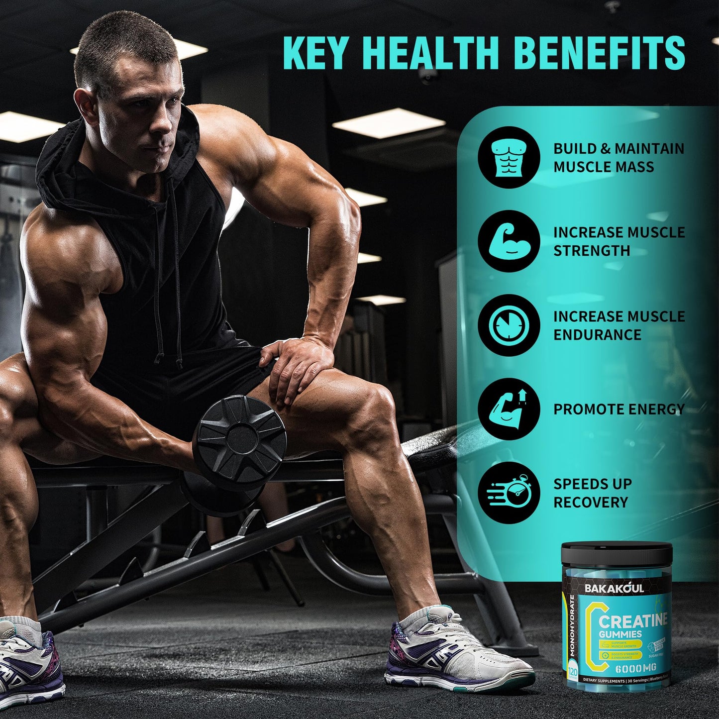 BAKAKOUL Creatine Monohydrate Gummies 5g for Men & Women - 120 Sugar Free Gummies with Magnesium Glycinate, L-Threonate, L-Taurine + Vitamin B12 for Muscle Support, Energy Boost, 2 Pack
