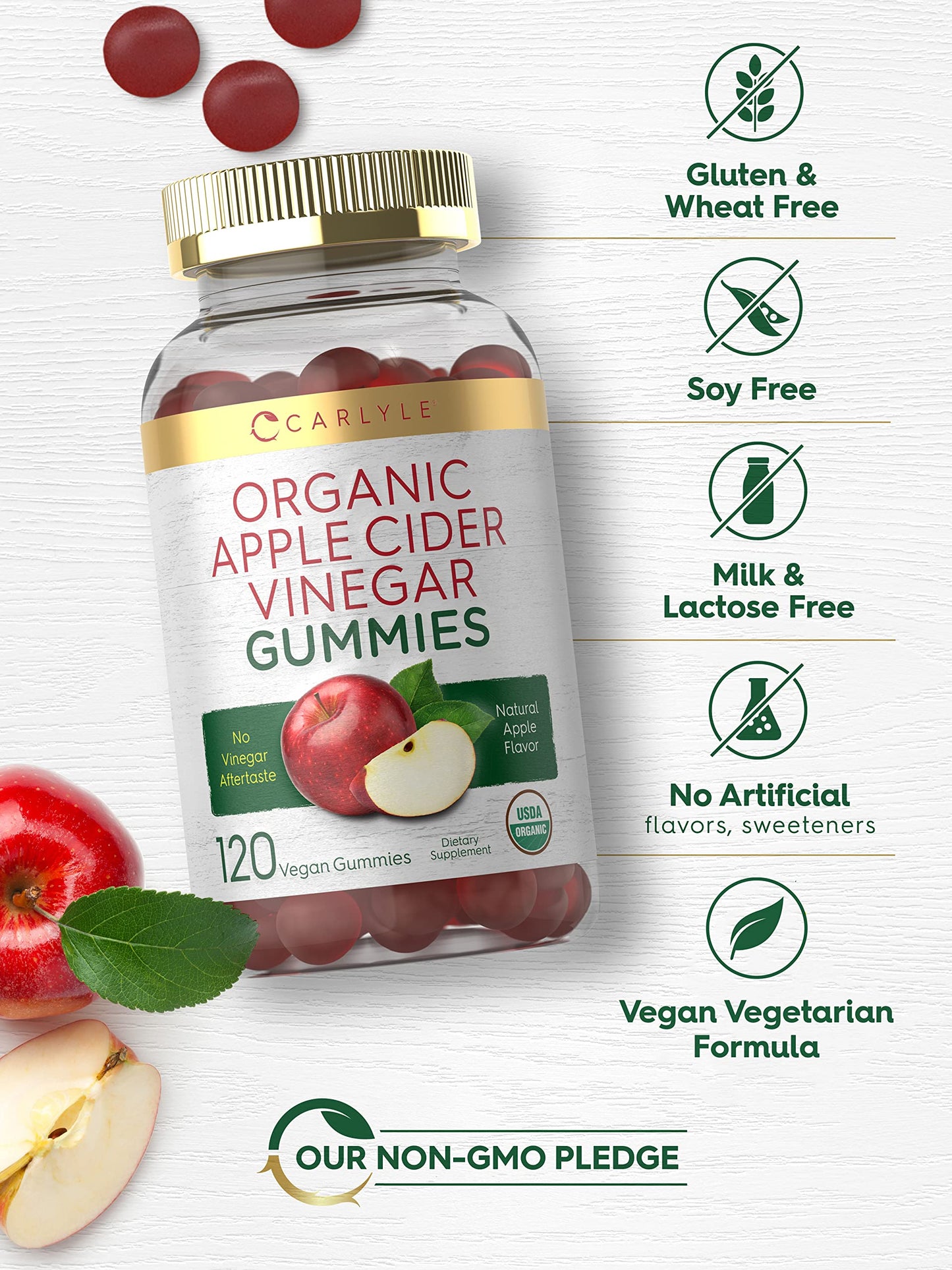 Carlyle Organic Apple Cider Vinegar Gummies | 120 Count | USDA Organic | Vegan, Non-GMO & Gluten-Free ACV Gummies | Apple Flavor