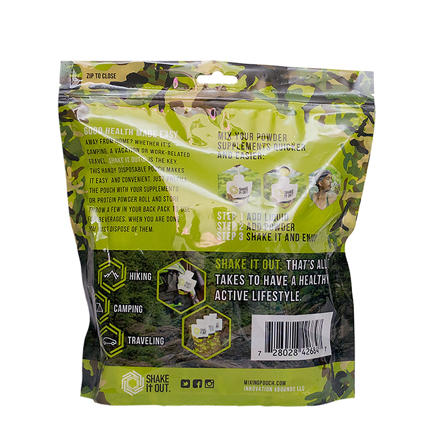 Shake It Out® is the on-the-go beverage container, better mixing, better tasting experience, disposable/recyclable. Compact, flexible design completely dissolves powder Supplements. (Camo, 7 Pack)
