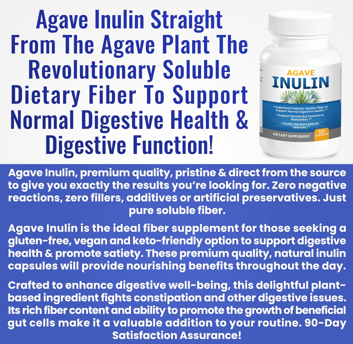 Agave Inulin Capsules Digestive Support Soluble Fiber Prebiotic Agave Inulin 120 Ct.
