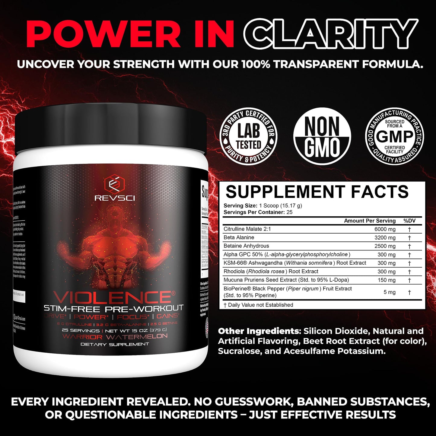 VIOLENCE Stim Free Pre Workout Powder by REVSCI, Precision Dosed Non Stim Preworkout Pump Pre Workout Caffeine Free Pre Workout Powder, Pump Supplement & Stimulant Free Nitric, Watermelon, 25 Servings
