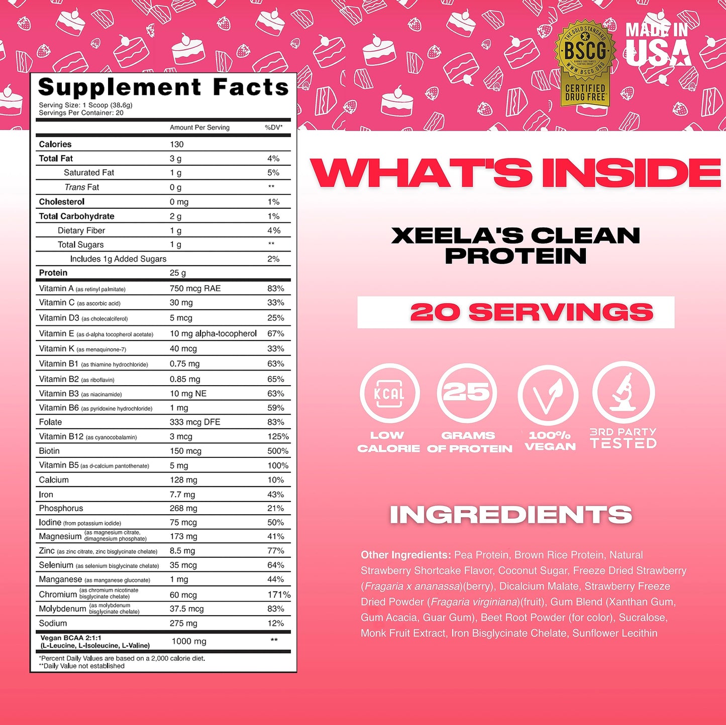 XEELA Plant Based Vegan Protein Powder - Independently Tested - 25g High Protein, Pea Protein for Men & Women - Vitamins & Minerals, Non GMO, Dairy & Gluten Free, LowCarb & LowFat (Strawberry Cake)