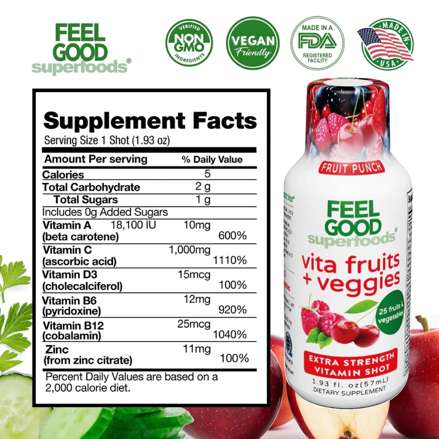 FeelGood Superfoods Vita Fruits and Veggies Immune Support Shot Supplements, Fruit Punch Flavor, Pack of 10 Immunity Shots, Immune System Booster Drink Made with 25 Organic Fruit & Vegetables