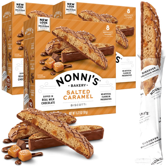 Nonnis Salted Caramel Biscotti Italian Cookies  3 Boxes  Biscotti Individually Wrapped Cookies  Italian Biscotti Cookies wRich Milk Chocolate  Sea Salt  Kosher  672 oz