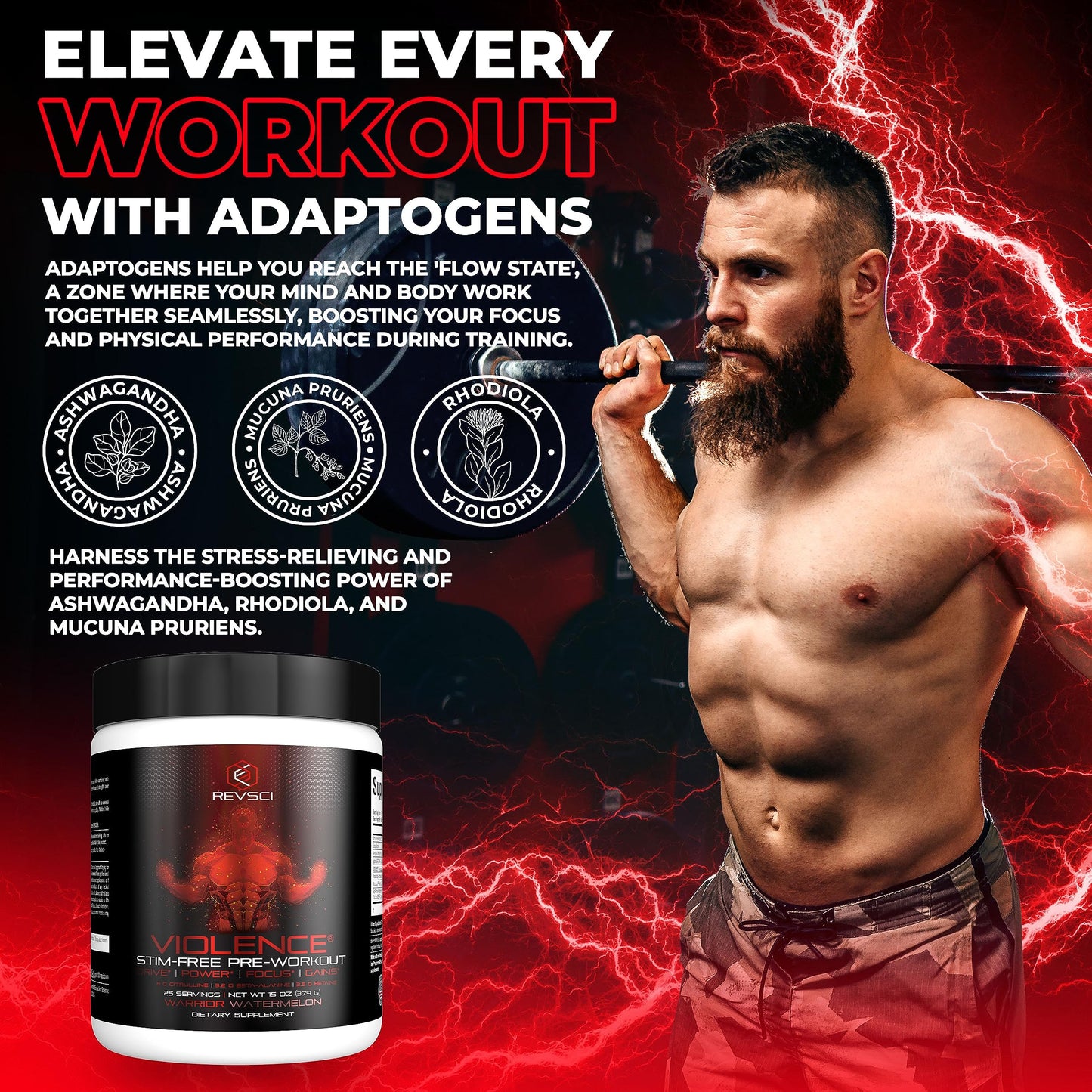 VIOLENCE Stim Free Pre Workout Powder by REVSCI, Precision Dosed Non Stim Preworkout Pump Pre Workout Caffeine Free Pre Workout Powder, Pump Supplement & Stimulant Free Nitric, Watermelon, 25 Servings