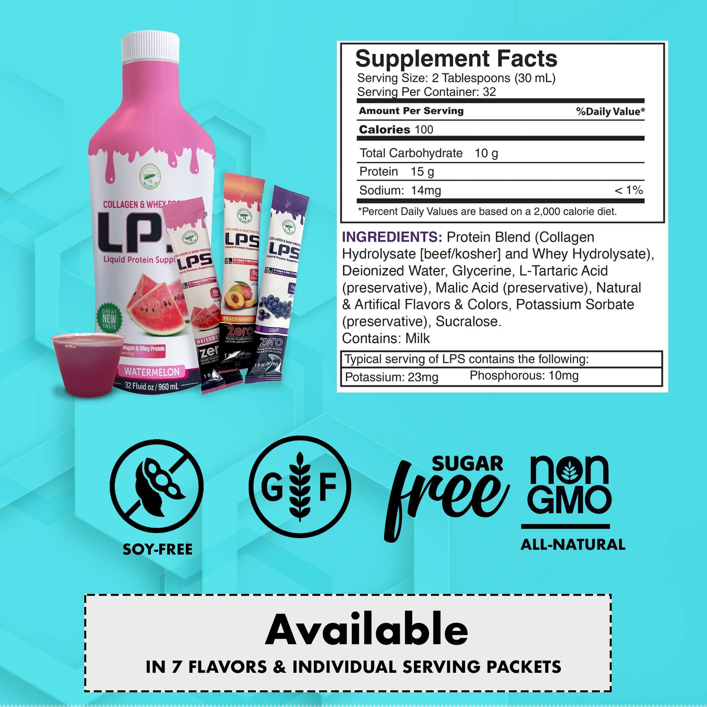 Nutritional Designs LPS Liquid Collagen & Whey Protein Supplement - Non-GMO Drink, Sugar-Free - Promotes Healthy Skin & Hair for Men & Women, Watermelon, Single Serve (25 Packets)