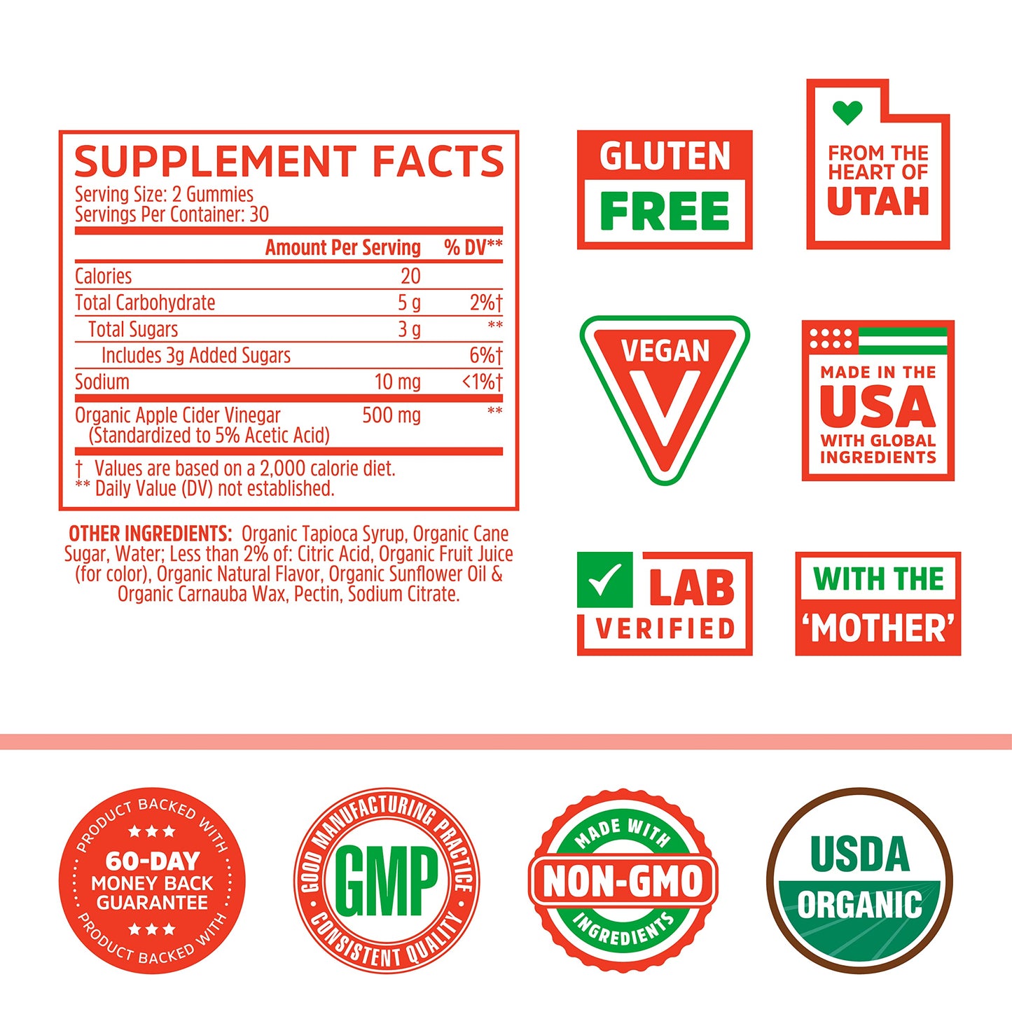 Zhou Nutrition Apple Cider Vinegar Gummies with The Mother, ACV Detox & Cleanse, Natural Probiotics, Digestion Support, Heart Health, Gelatin-Free, Vegan, Gluten-Free, Non-GMO, 60 Count
