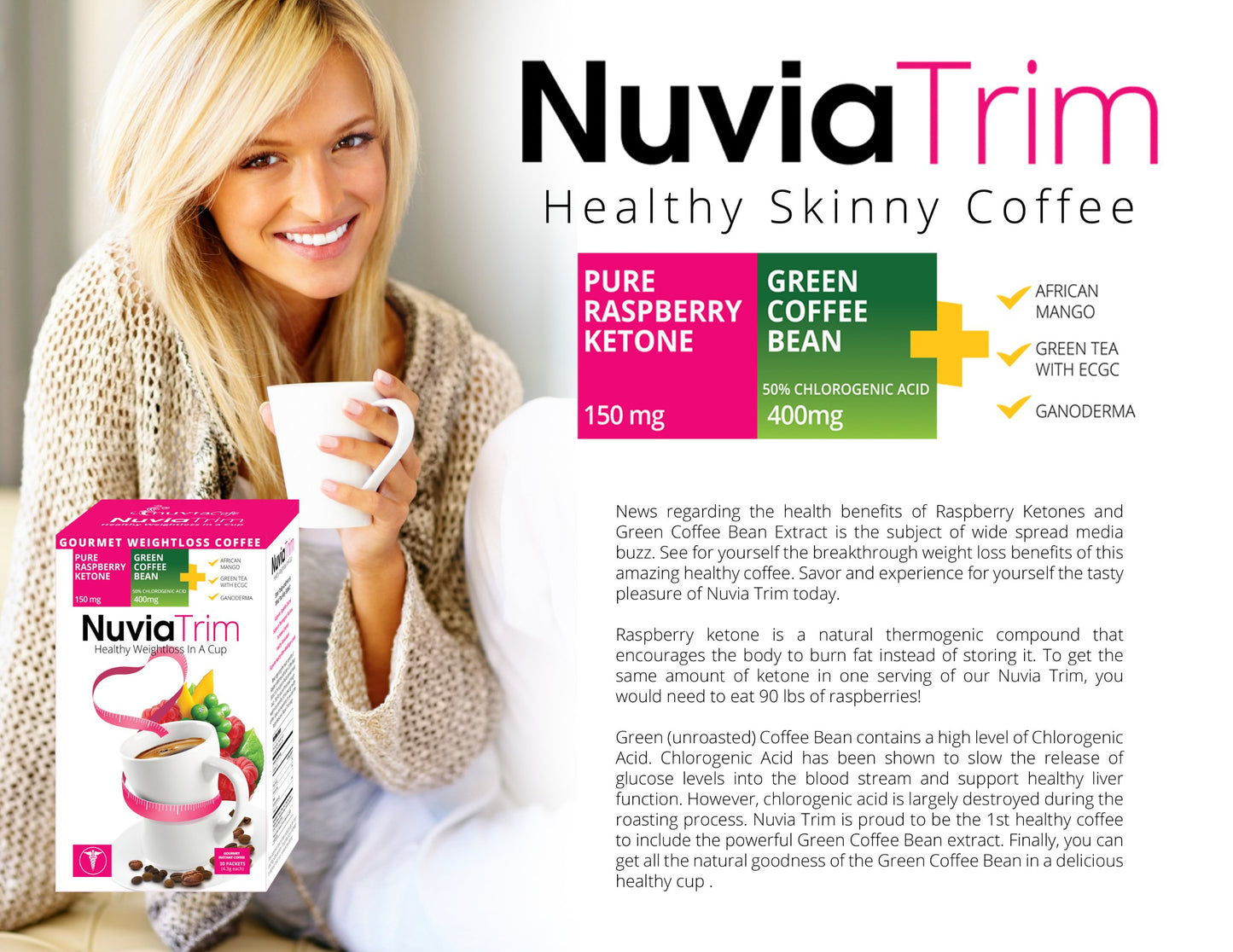 Nuvia Trim - Gourmet Instant Coffee for Weight Loss, with Garcinia Cambogia, Raspberry Ketones and Green Coffee Bean Extract, Vegan, No Sugar or Dairy, Great for Iced Coffee, 0.15oz packets(30 ct.)