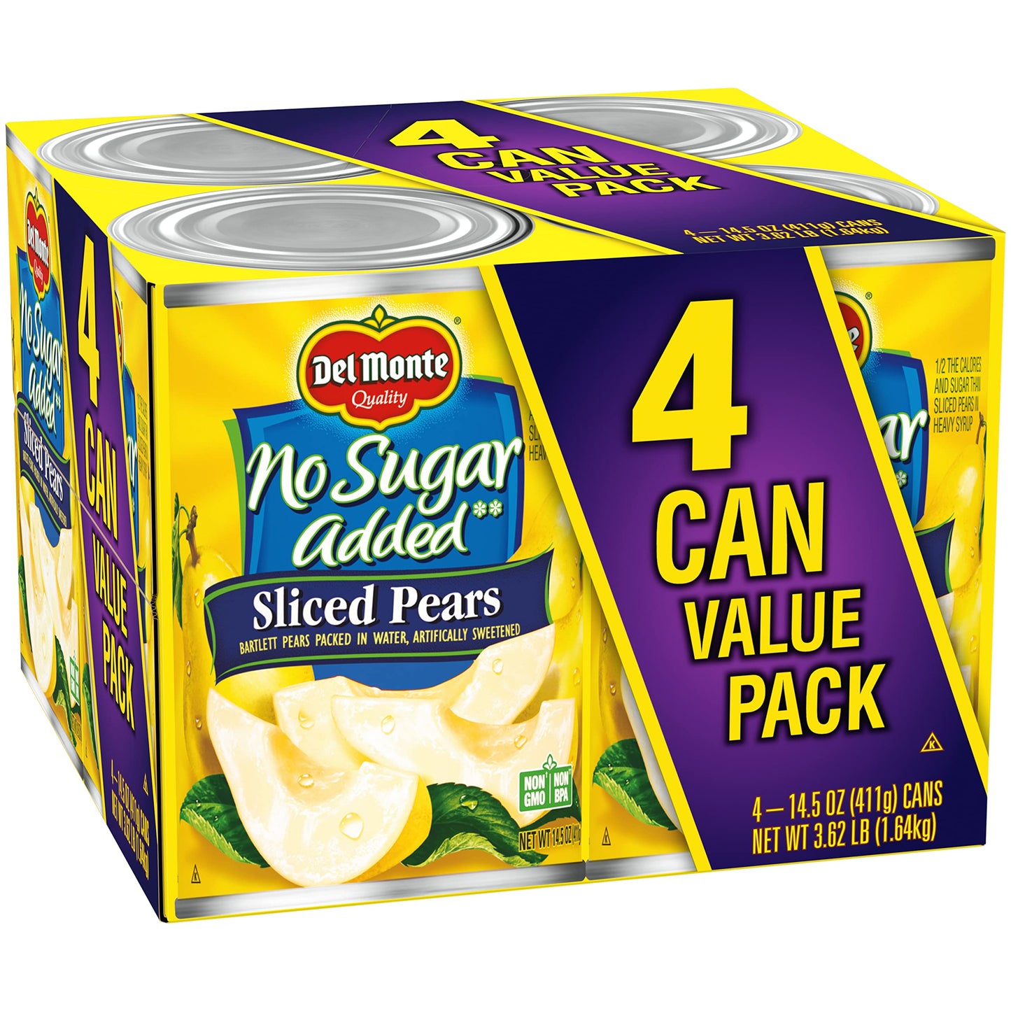 Del Monte No Sugar Added Sliced Bartlett Pears Canned Fruit 4 Pack 145 oz Cans Yellow