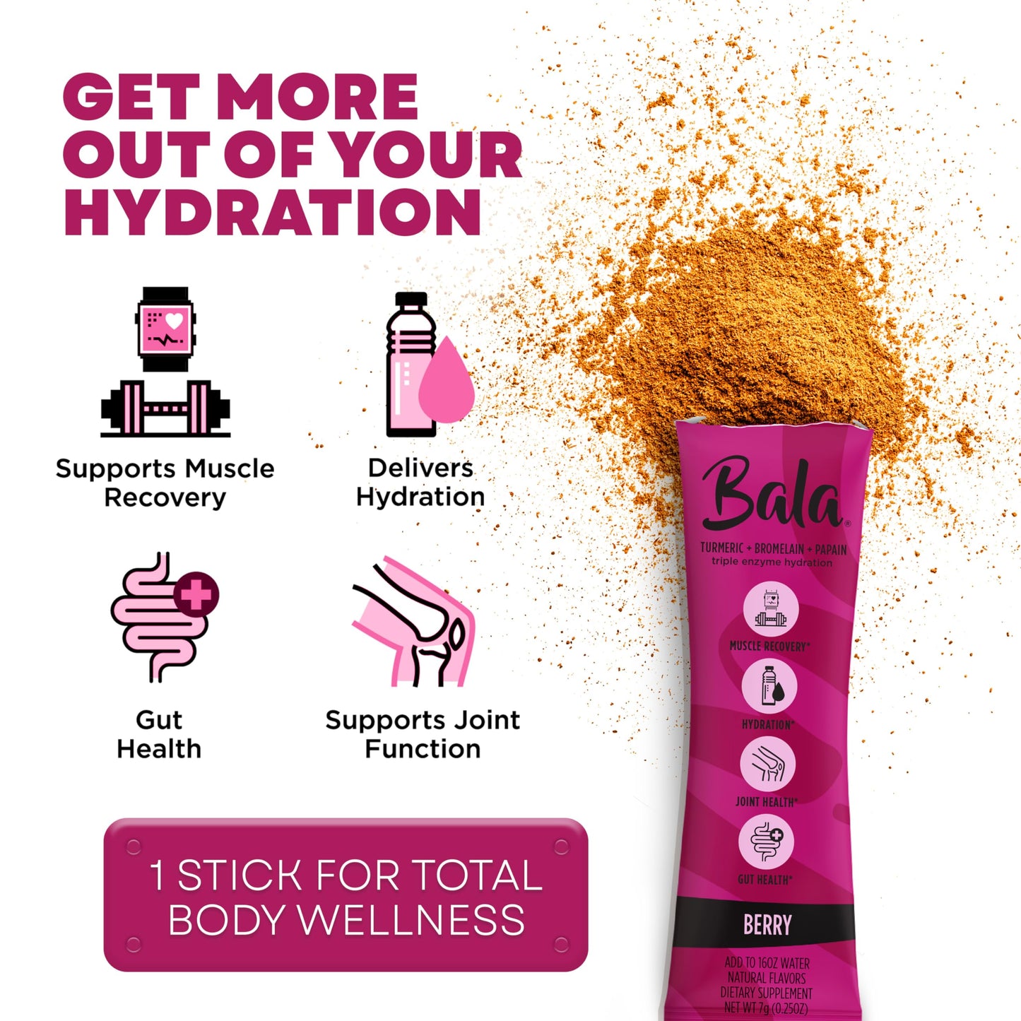 BALA Enzyme Hydration & Sugar-Free Electrolyte Drink Mix Powder - Turmeric, Bromelain, Papain - Recovery, Immunity, Mobility - Berry 0.25oz (8 Count)