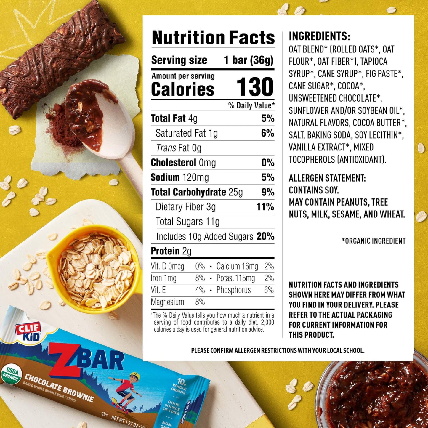 CLIF Kid Zbar  Chocolate Brownie  Soft Baked Whole Grain Snack Bars  USDA Organic  NonGMO  PlantBased  127 oz 18 Pack