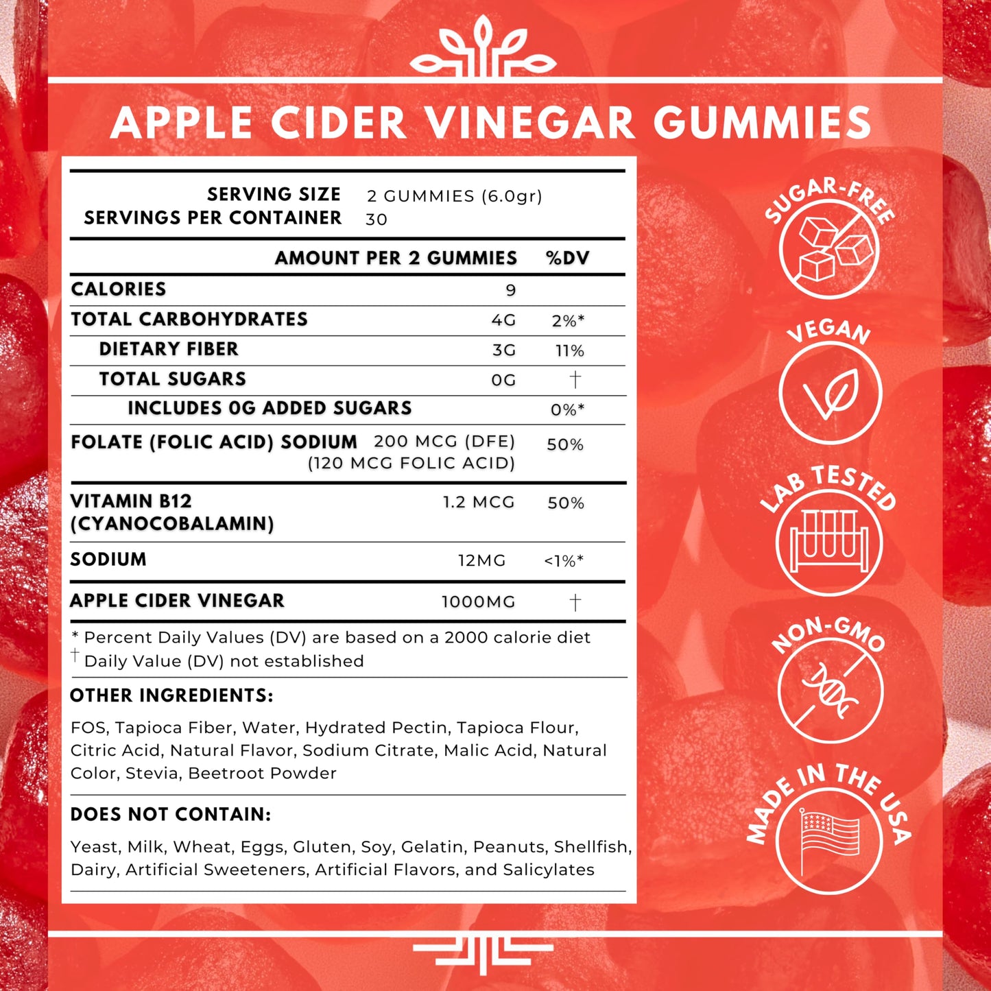 Sacred Roots Apple Cider Vinegar Gummies - Sugar Free Apple Cider Gummies with Vitamin B12 and Beetroot Powder - Vegan, Non-GMO & Gluten-Free, Made in USA (30 Servings)