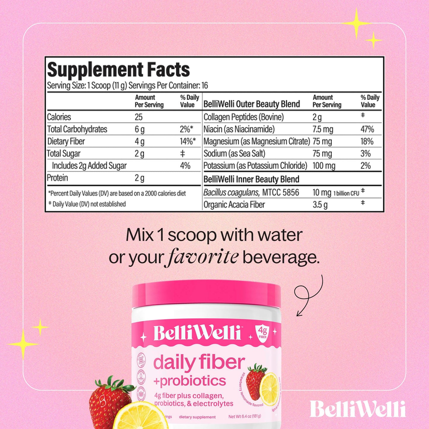 Belli Welli Daily Fiber Supplement Powder with Collagen, Probiotics & Electrolytes | Supports Digestive Health, Gut Balance & Debloating | Strawberry Lemonade | 16 Servings