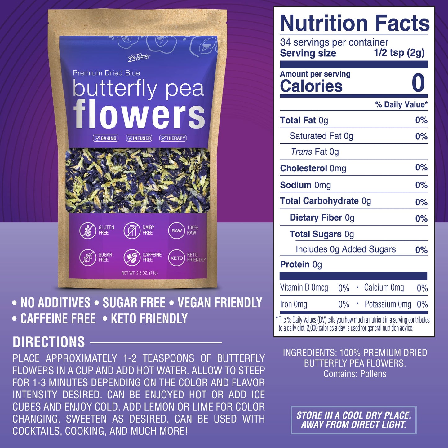 La Terra Premium Dried Blue Butterfly Pea Flower 35 OZ 100 Raw with No Fillers or Additives Gluten Dairy Caffeine Sugar Free Vegan Keto Friendly Hot and Cold Beverages