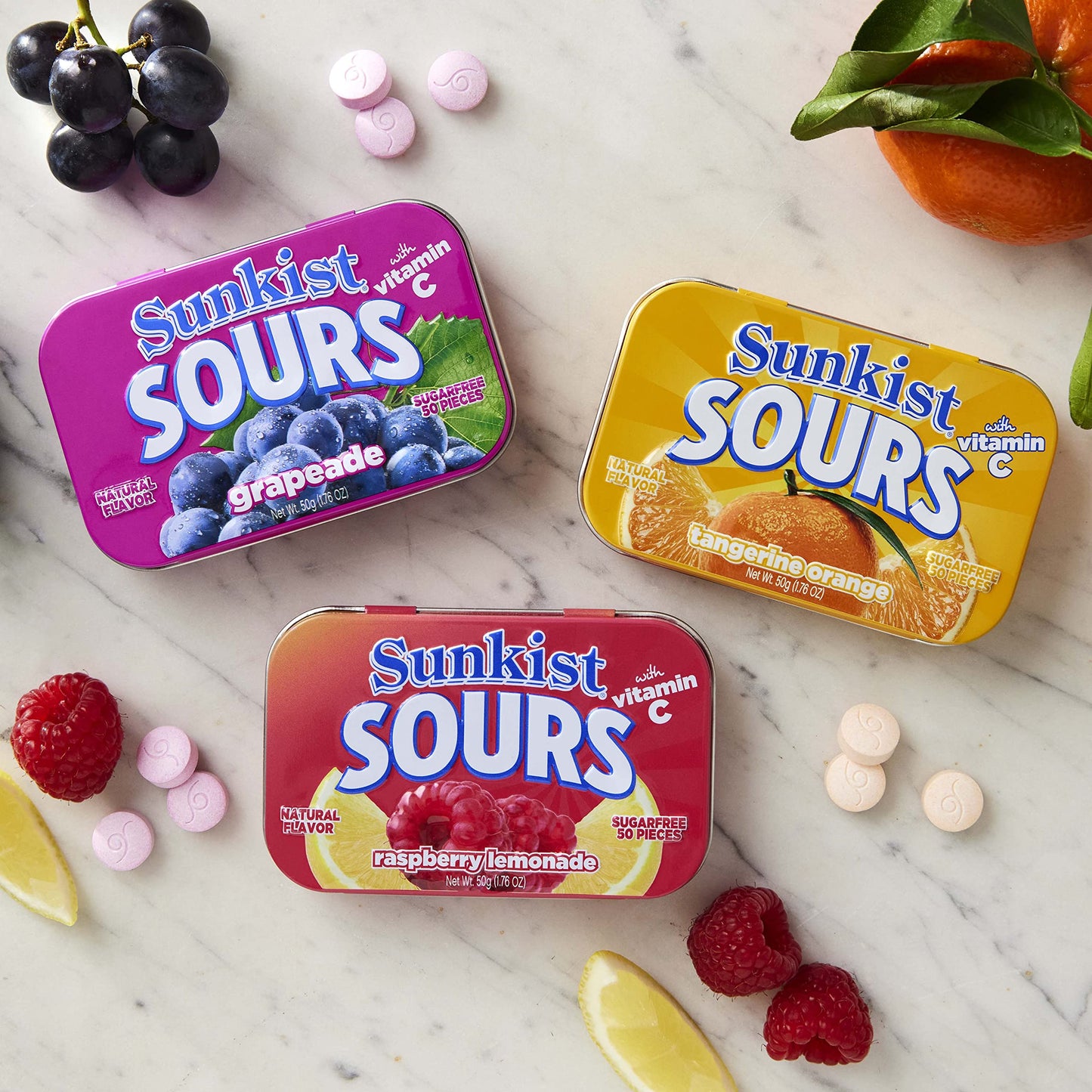 Sunkist Sours Raspberry Lemonade Vitamin C Sugar Free Sour Candy 176 Ounce Tin  6 Count Tray