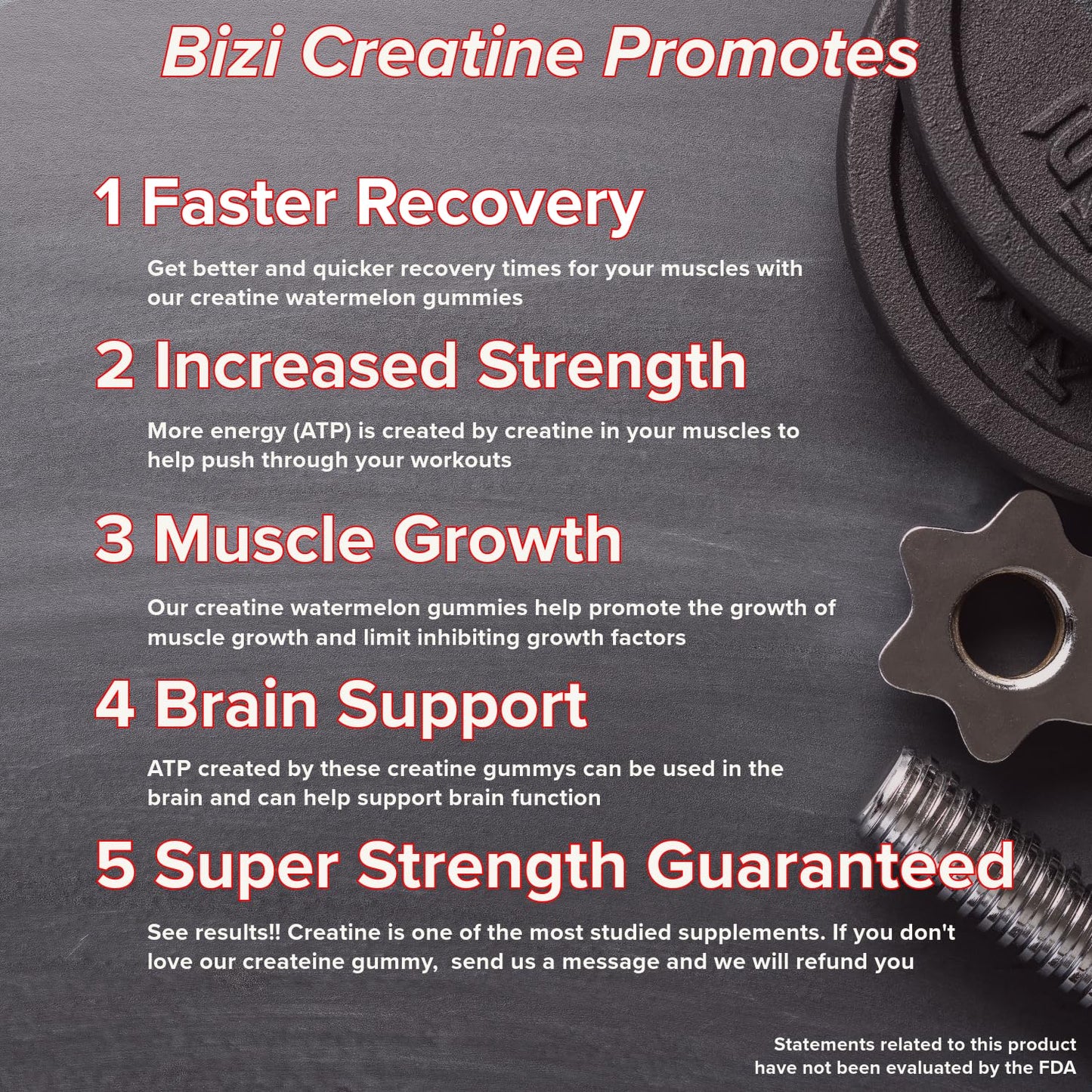 Bizi Creatine Watermelon Gummies for Men & Women, Creatine Monohydrate Gummies, Watermelon Flavor Creatine Gummy, Workout, Muscle Growth, & Recovery Supplement, Vegan & Gluten Free (60 ct)