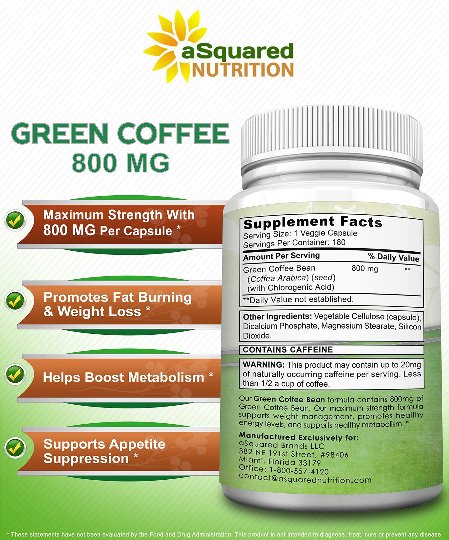 aSquared Nutrition Natural Green Coffee Bean Formula-180 Capsules-Max Strength GCA Antioxidant Cleanse for Pure Weight Loss, 800mg per Pill-Chlorogenic Acid-1600mg Daily Supplement, Healthy Fat Burner