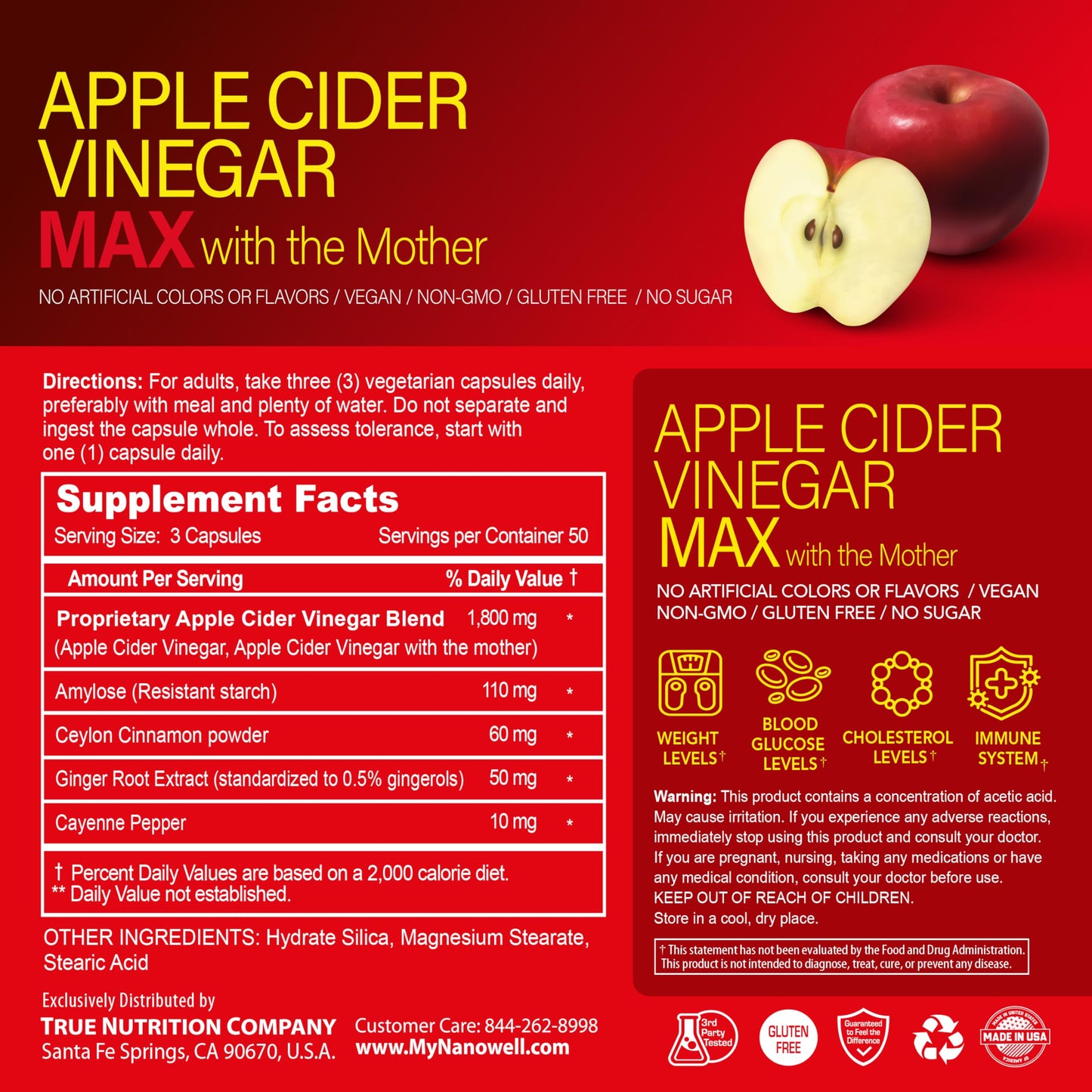 NANOWELL Apple Cider Vinegar Max with The Mother - Detox & Wellness Supplement with 1,800 mg Proprietary Blend with Ceylon Cinnamon, Ginger & Cayenne - 150 Capsules, 50 Day Supply