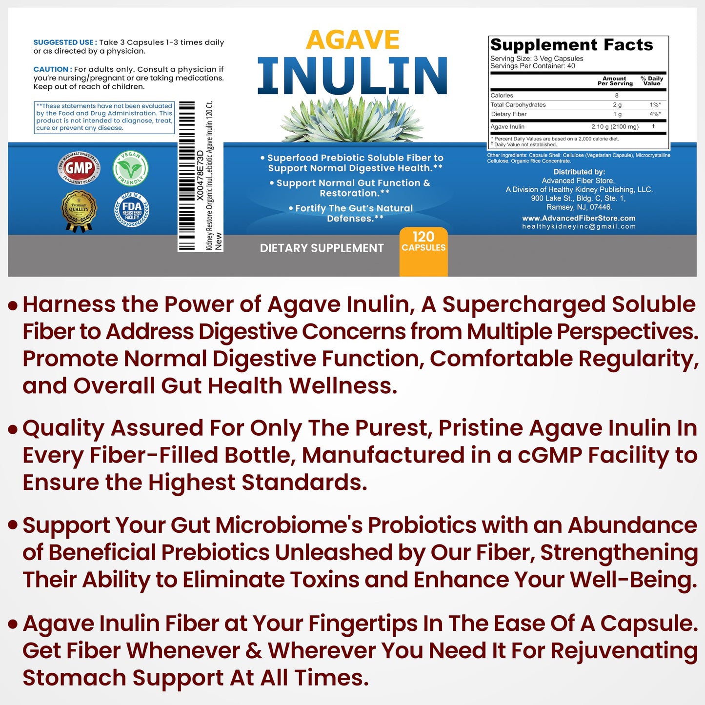Agave Inulin Capsules Digestive Support Soluble Fiber Prebiotic Agave Inulin 120 Ct.