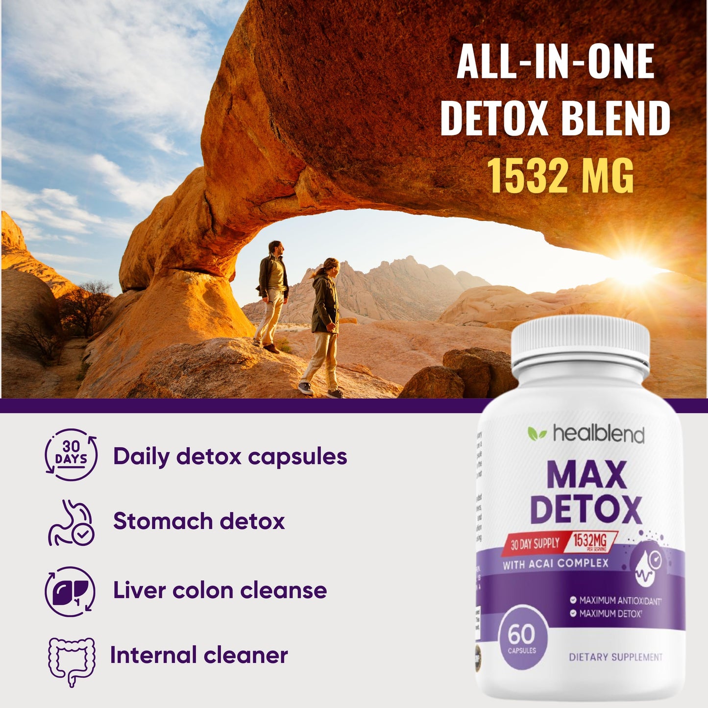 Max Detox Supplement, Advanced Gut Cleanse Detox for Women & Men with Psyllium, Chlorella, Hyssop Herb & Papaya, with Acai Complex - Colon Cleanse - 60 Capsules (1)