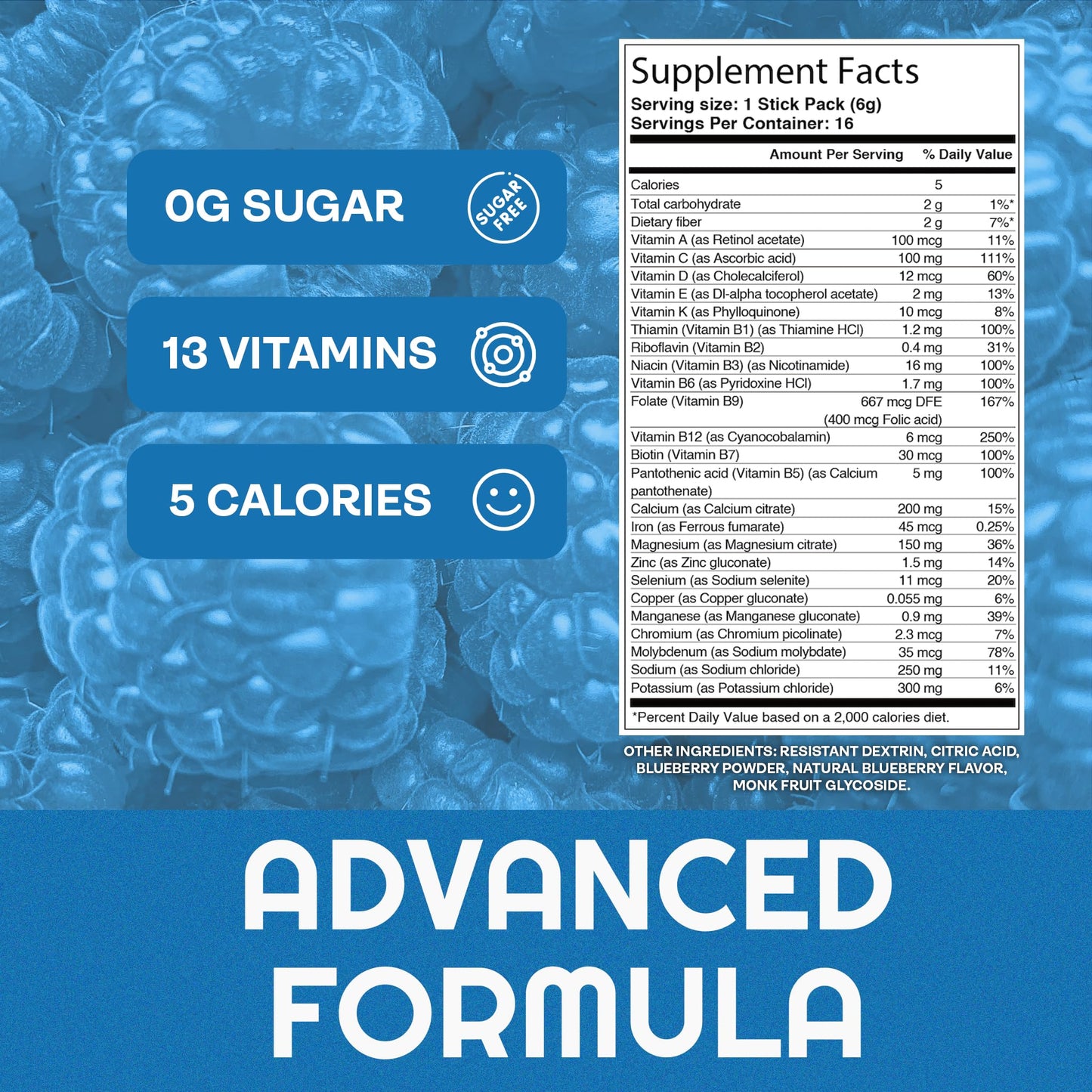 Bounce Back Daily Hydration - 13 Essential Vitamins, Zero Sugar Electrolyte Packets - 5 Calories, Organic - Keto Friendly | 0 Net Carbs (16 Pack, Blue Raspberry)