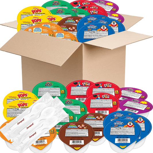 Cold Breakfast Cereal Variety Pack 19 Mini Single Serve Size Kids Snacks On the Go Instant Cereal Cups Assortment Apple Jacks Krispies Froot Loops Corn Pops and More Plus ZompoZ Spoons
