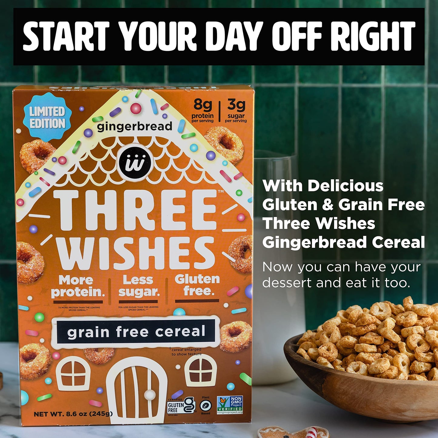 Protein and GlutenFree Breakfast Cereal by Three Wishes  High Protein and Low Sugar Snack  Vegan Kosher GrainFree and DairyFree  NonGMO Gingerbread 86 Ounce Pack of 3