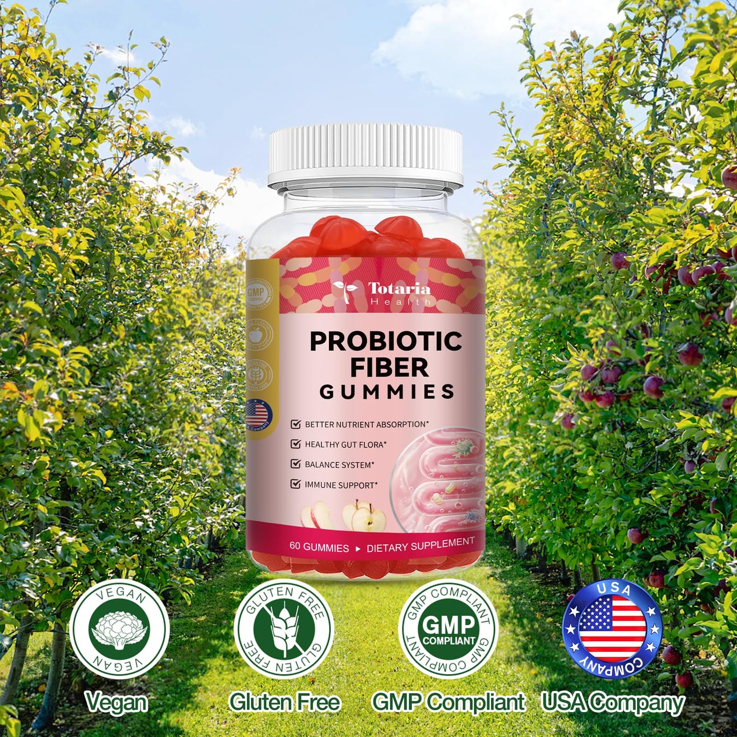 9-in-1 Probiotic Fiber Gummies for Adults & Teens 16G Fiber per Serving, Psyllium Fiber Supplement with 5 Billion CFU Bacillus Coagulans, Inulin, ACV for Digestive, Gut & Immune Wellness - 60 Gummies