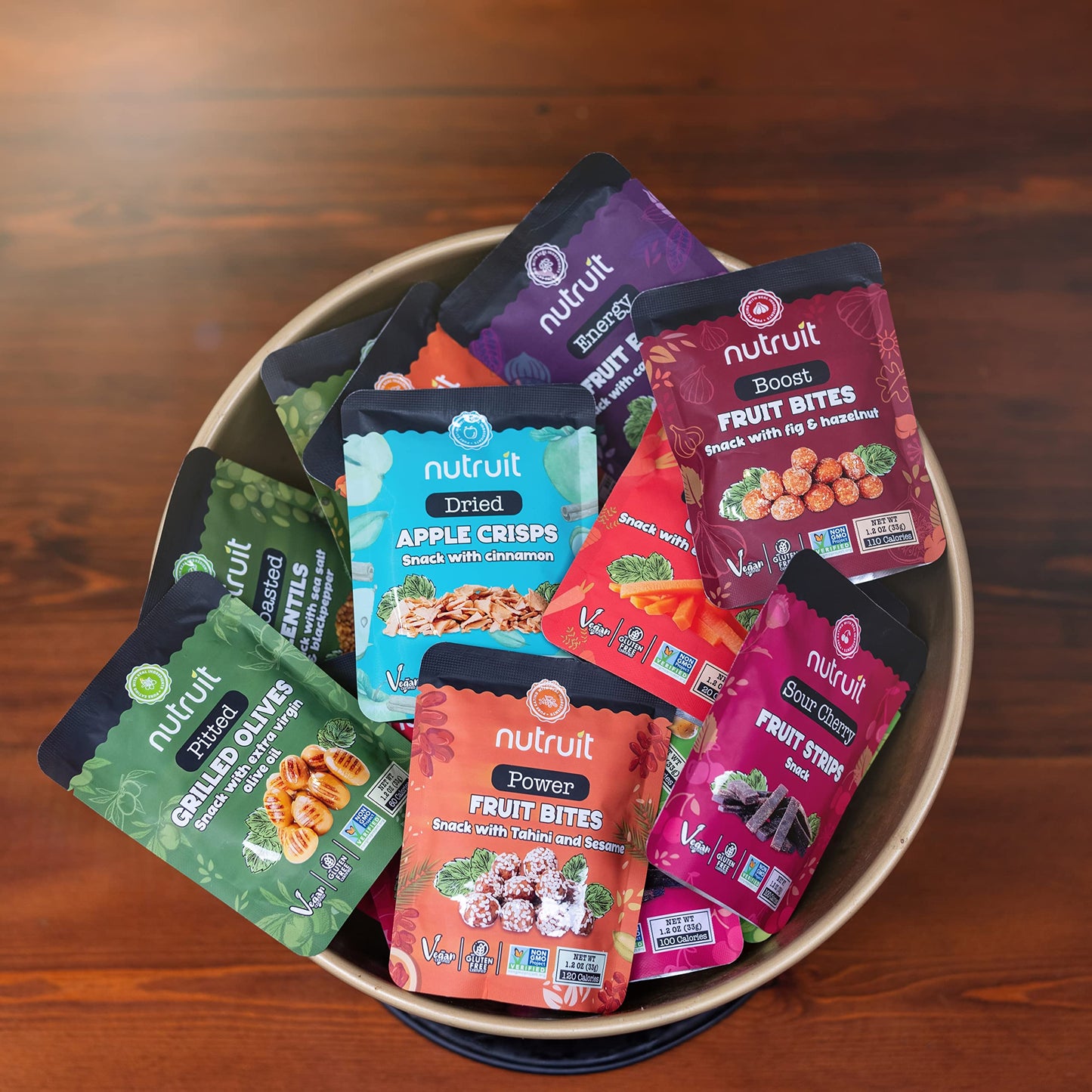 Nutruit Gourmet Healthy Snacks Mega Variety Box Pack of 32 Vegan Gluten Free No Added Sugar Non GMO Kosher Plant Based Protein High Fiber Snack Gift Box for Family Kids Adults 12oz Packs