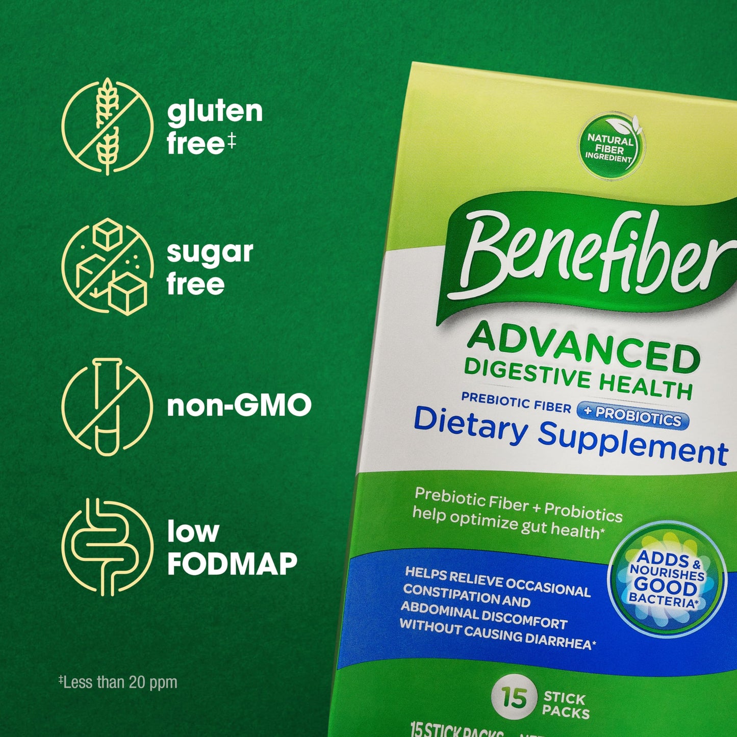 Benefiber Advanced Digestive Health Prebiotic Fiber Supplement Powder with Probiotics for Digestive Health, Low FODMAP - 15 Sticks (3.0 Ounces)
