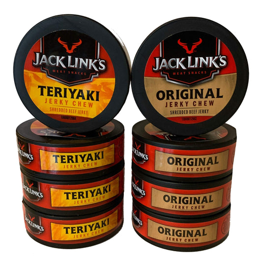 Jack Links Original and Teriyaki Jerky Chew Bundle  Original Beef Jerky Chew  Teriyaki Beef Jerky Chew  32 oz Cans  4 Cans Each Flavor  8 Total Cans