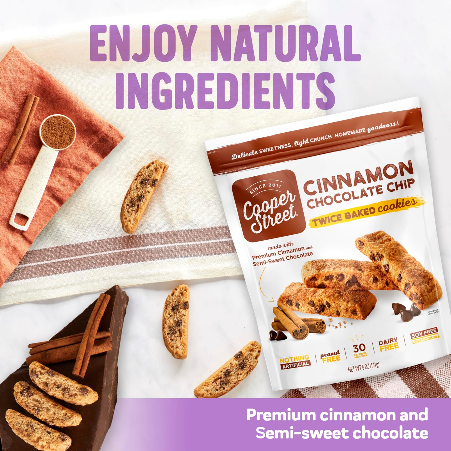 Cooper Street Italian Biscotti Cookies  Twice Baked Biscotti Style Cookie Biscuits in Delicious Cinnamon Chocolate Chip  Crispy Light and Healthy Cookies  Peanut  Dairy Free  5oz  1 Pack