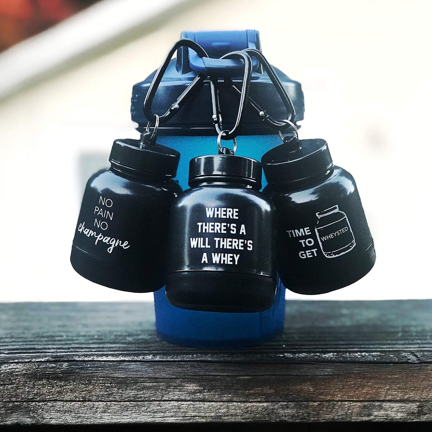 OnMyWhey - Protein Powder and Supplement Funnel Keychain, Portable to-Go Container for The Gym, Workouts, Fitness, and Travel - TSA Approved, Punny Variety 3-Pack