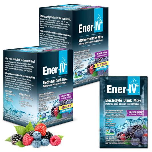 Ener-IV Electrolyte Hydration & Energy Drink Potassium Vitamin C & Zinc Electrolytes Powder Packets - Muscle Recovery & Immunity Sports Drinks for Women & Men Low Sugar Vegan, Mixed Berry - 24 Count