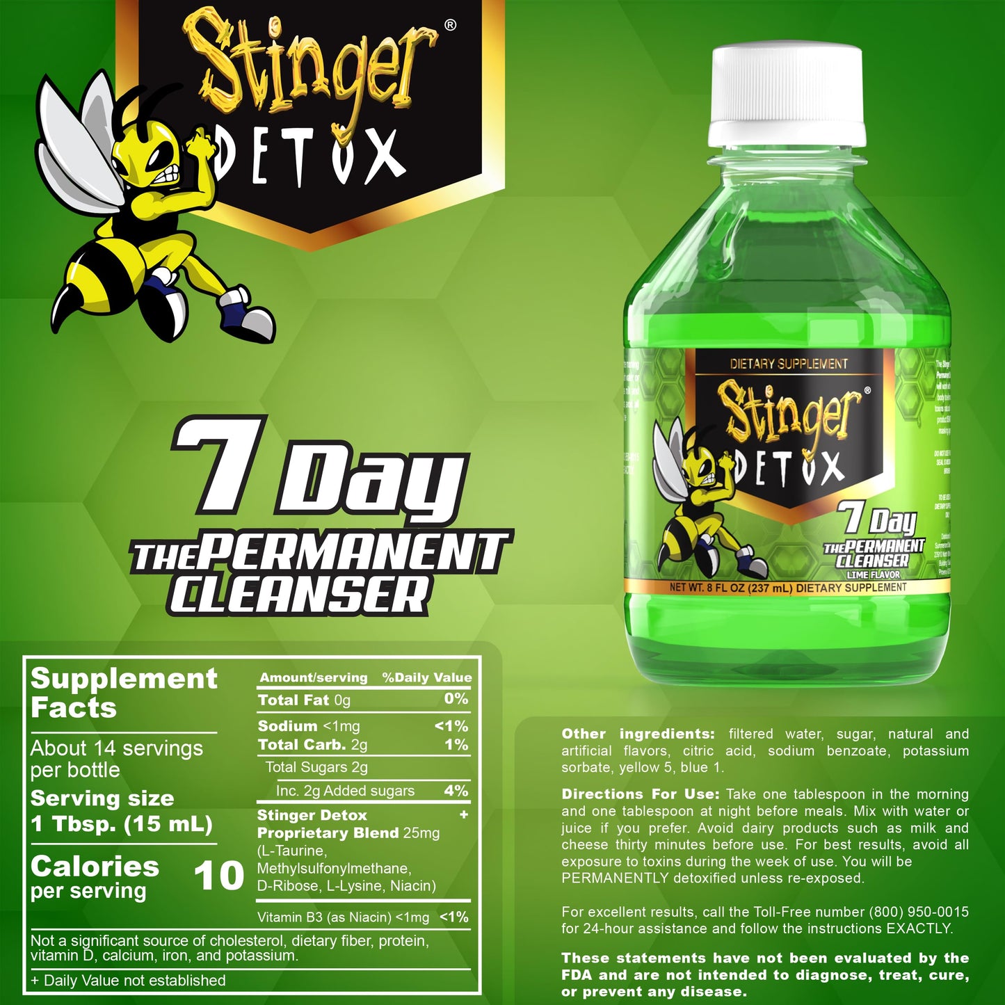 Stinger Detox 7-Day Permanent Drink - Lime Flavor - 8 FL OZ